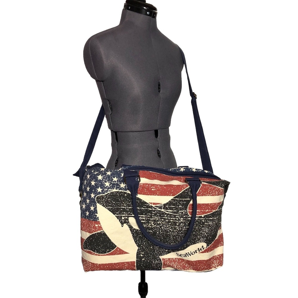 Vintage Y2K SeaWorld Patriotic Orca Duffel Bag USA‎ Flag Canvas Tote 2000s